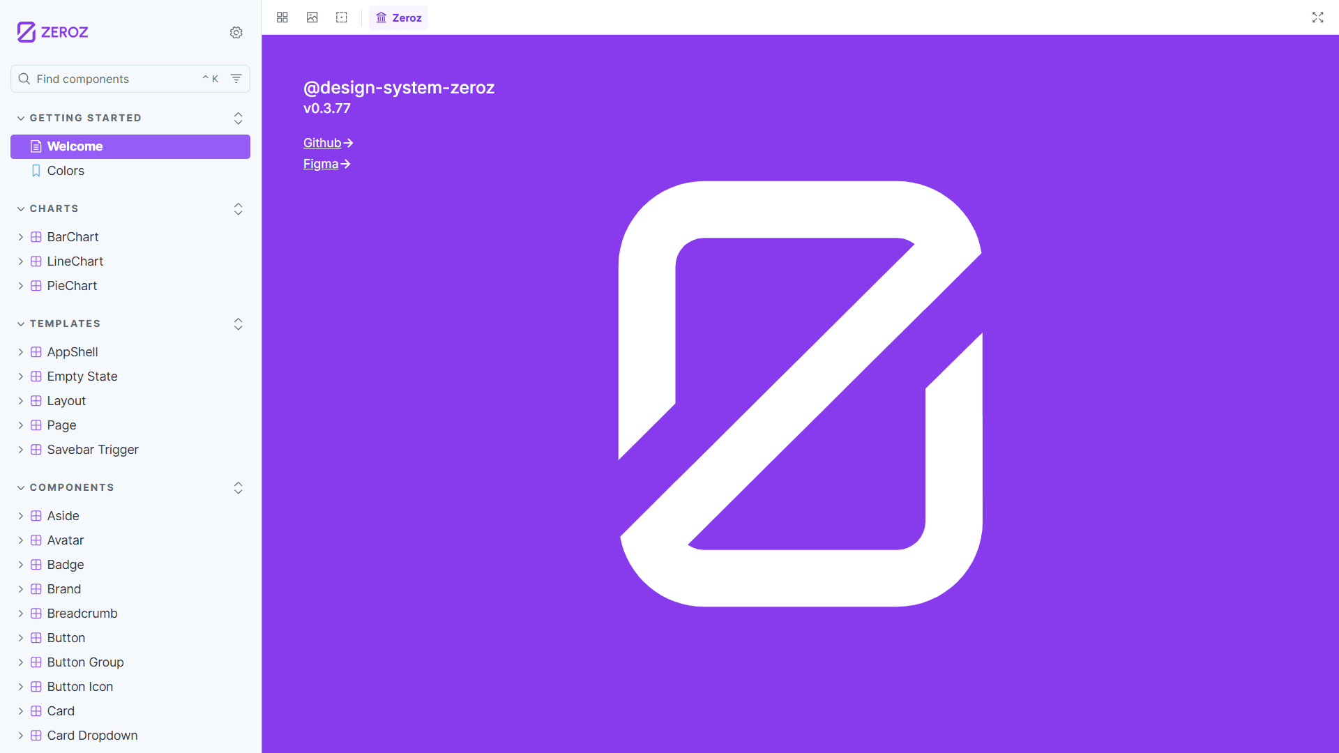 Visão geral do Design System Zeroz no Storybook