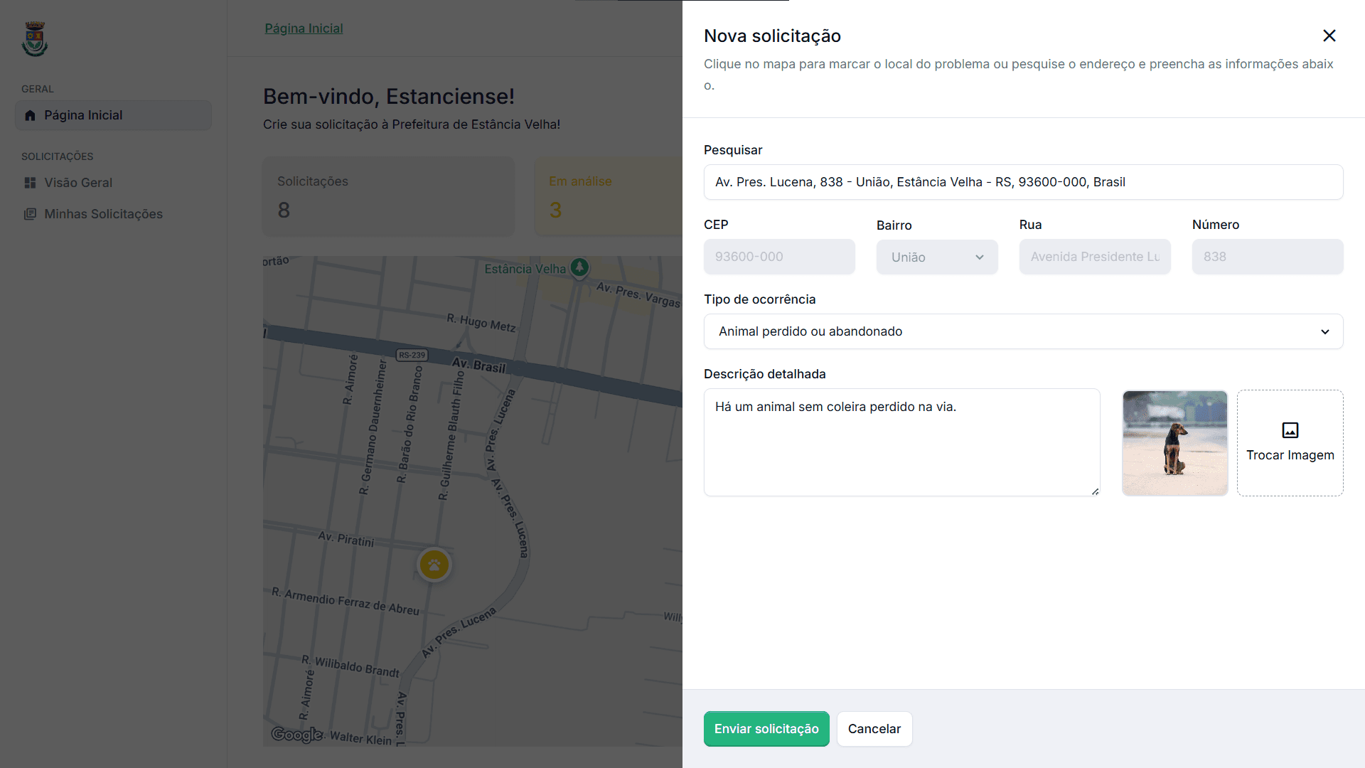 Tela de registro de ocorrência